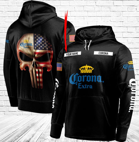Personalized Black USA Flag Skull Corona Extra Hoodie - Santa Joker