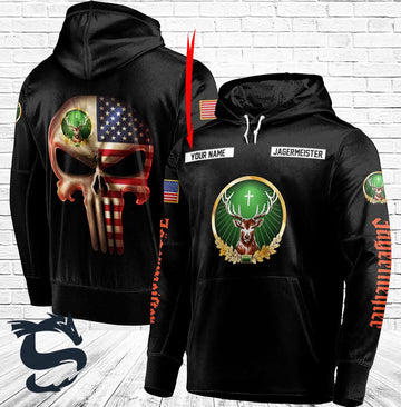 Personalized Black USA Flag Skull Jagermeister Hoodie - Santa Joker