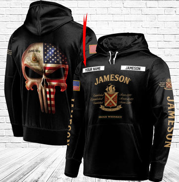 Personalized Black USA Flag Skull Jameson Whiskey Hoodie - Santa Joker