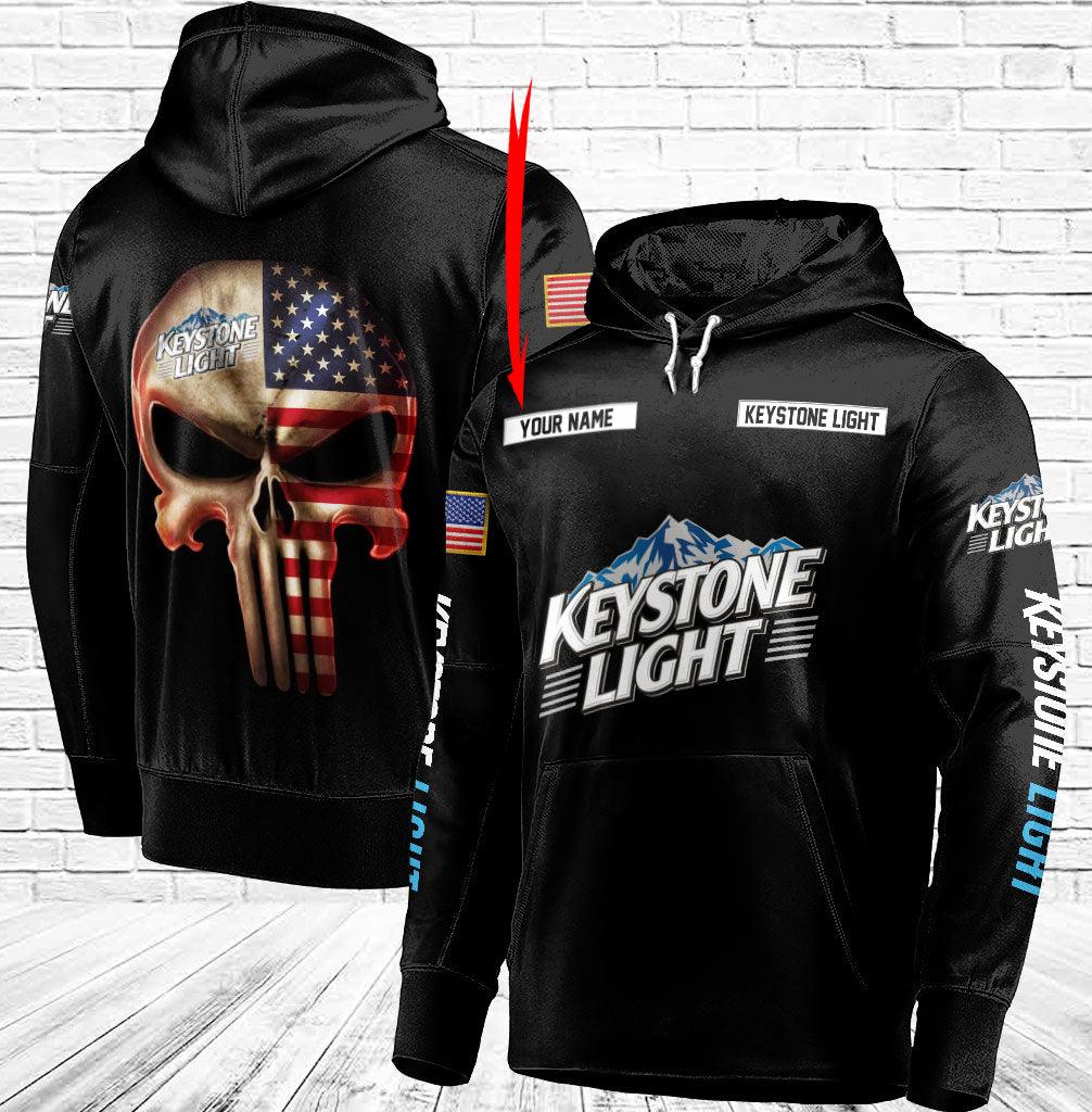 Personalized Black USA Flag Skull Keystone Light Hoodie - Santa Joker