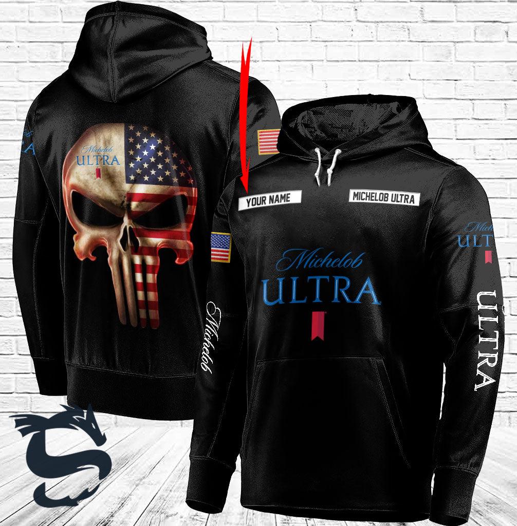 Personalized Black USA Flag Skull Michelob ULTRA Hoodie - Santa Joker