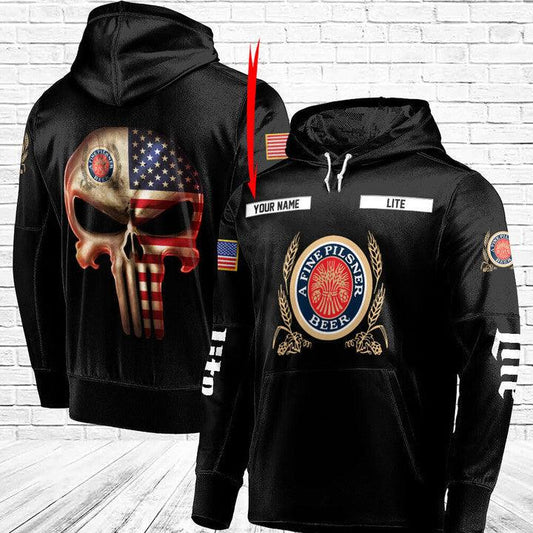 Personalized Black USA Flag Skull Miller Lite Hoodie - Santa Joker