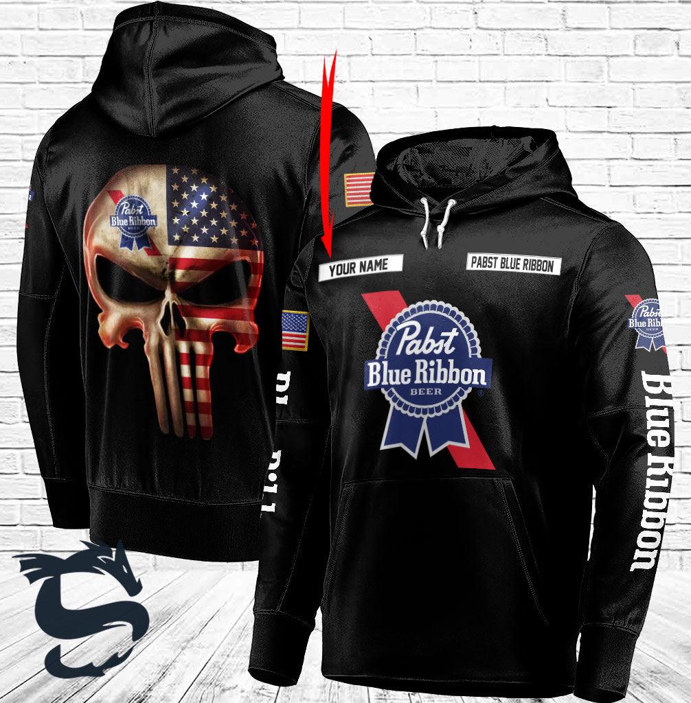 Personalized Black USA Flag Skull Pabst Blue Ribbon Hoodie - Santa Joker