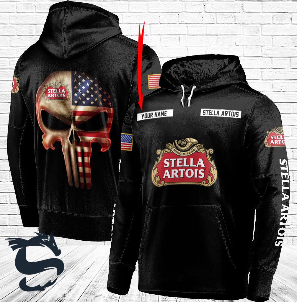 Personalized Black USA Flag Skull Stella Artois Hoodie - Santa Joker