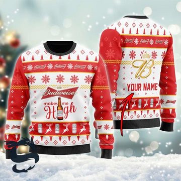 Personalized Budweiser Makes Me High Christmas Ugly Sweater - Santa Joker
