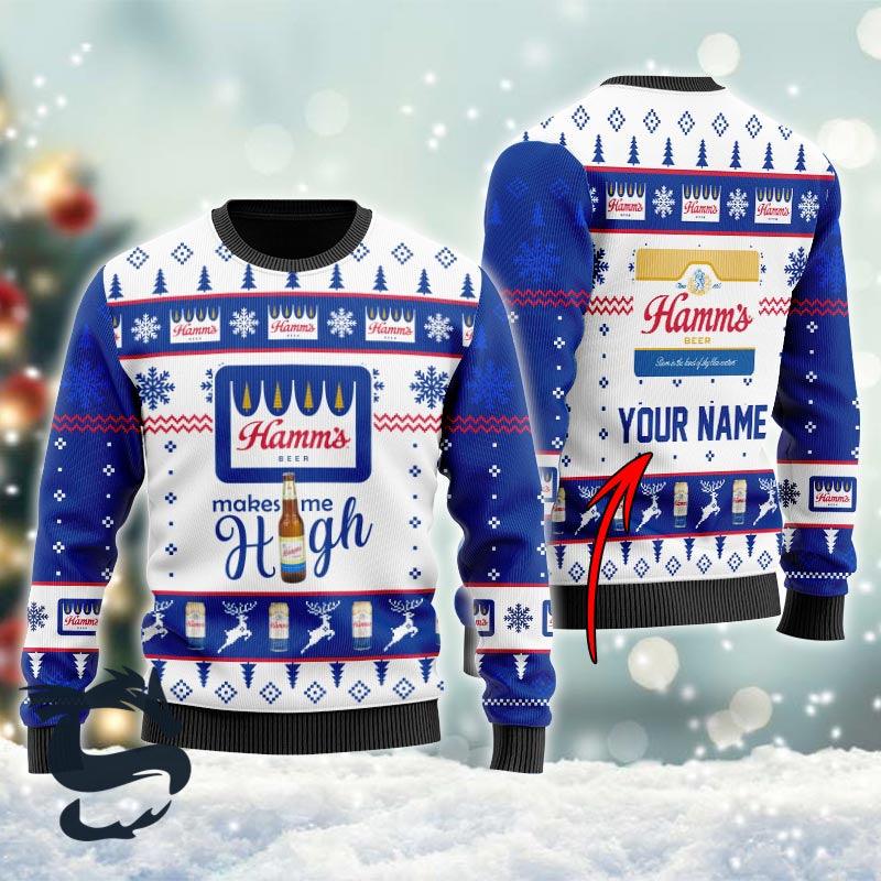 Personalized Hamm's Beer Makes Me High Christmas Ugly Sweater - Santa Joker