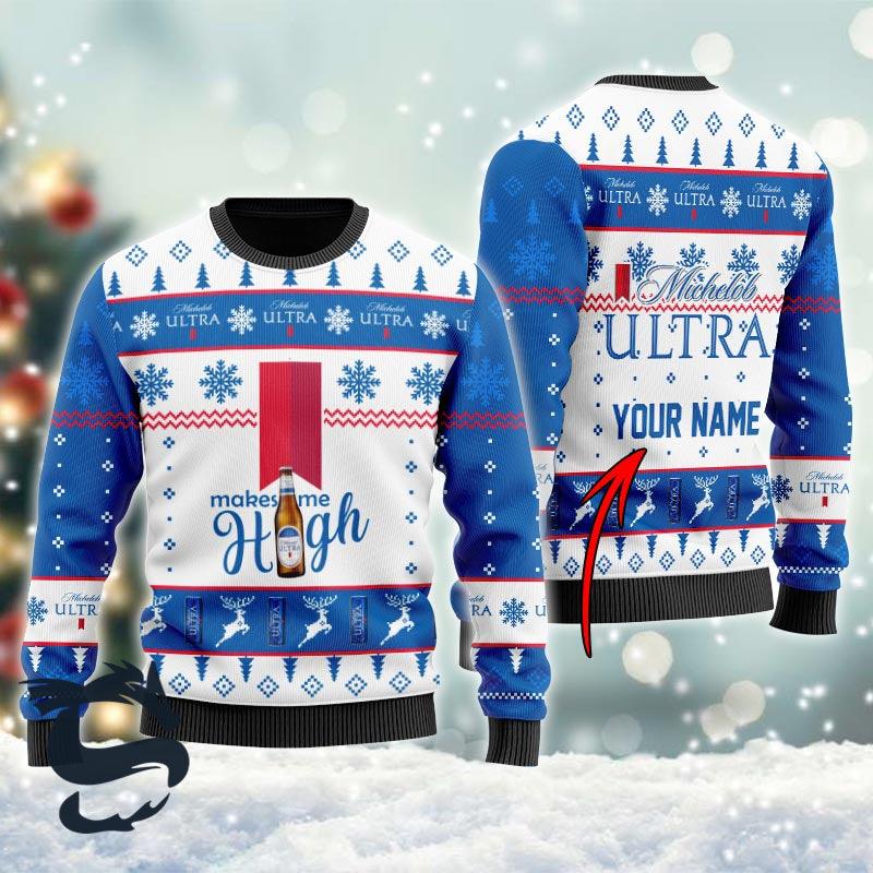 Personalized Michelob ULTRA Makes Me High Christmas Ugly Sweater - Santa Joker