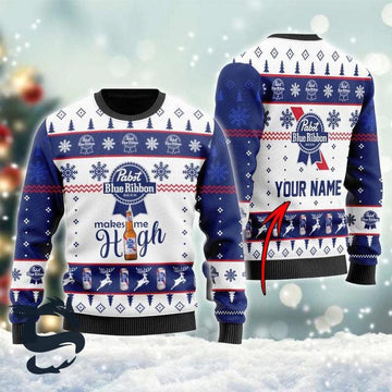 Personalized Pabst Blue Ribbon Makes Me High Christmas Ugly Sweater - Santa Joker