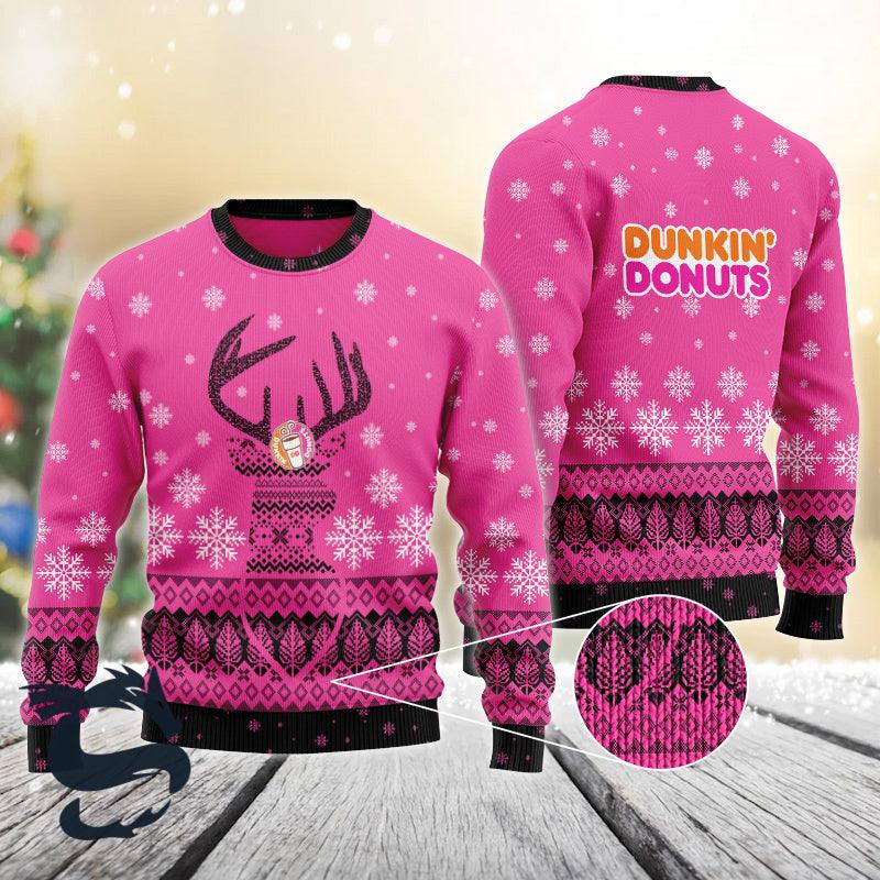 Pink Dunkin Donut Reindeer Snowy Christmas Sweater - Santa Joker