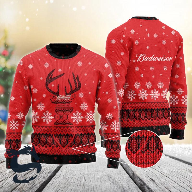 Red Budweiser Reindeer Snowy Christmas Sweater - Santa Joker