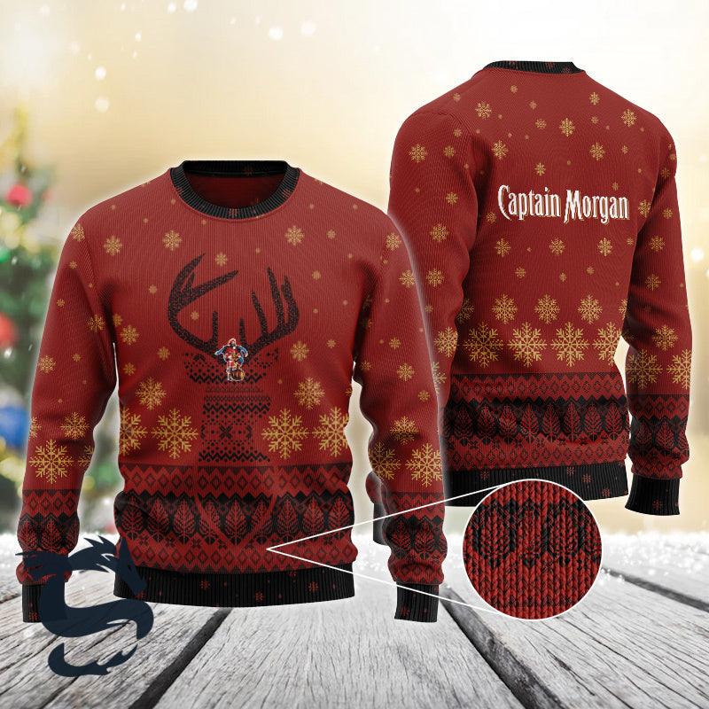Red Captain Morgan Reindeer Snowy Christmas Sweater - Santa Joker