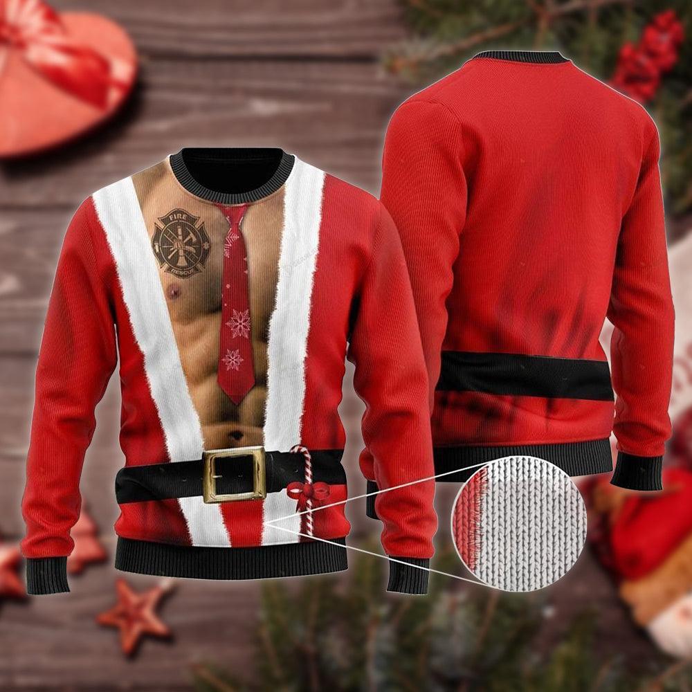 Santa Firefighter Tattoo Six Packs Body Ugly Sweater - Santa Joker