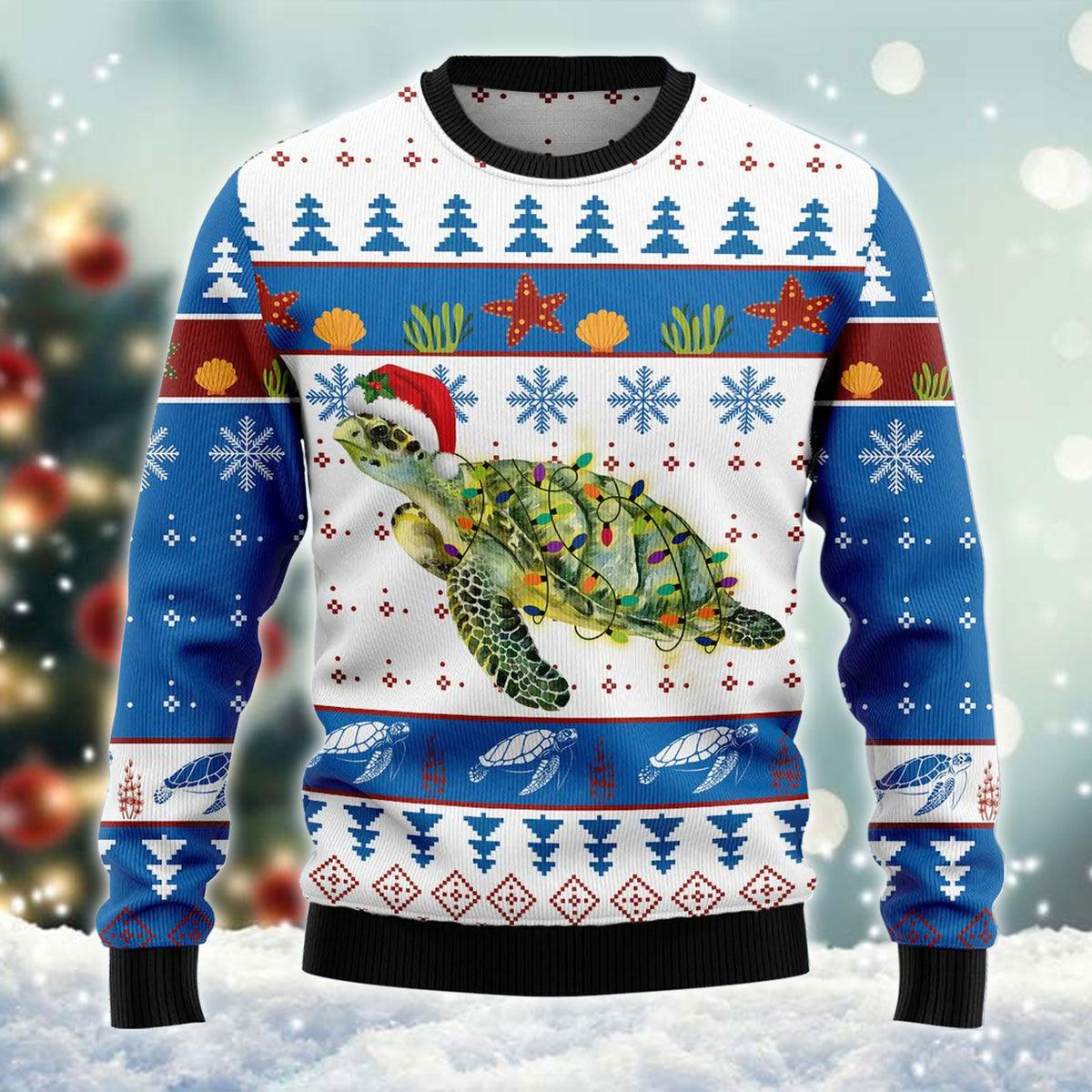 Sea Turtle Christmas Lights Funny Santa Hat Ugly Sweater - Santa Joker