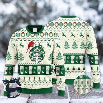 Starbucks Coffee Reindeer Snowy Night Ugly Sweater - Santa Joker