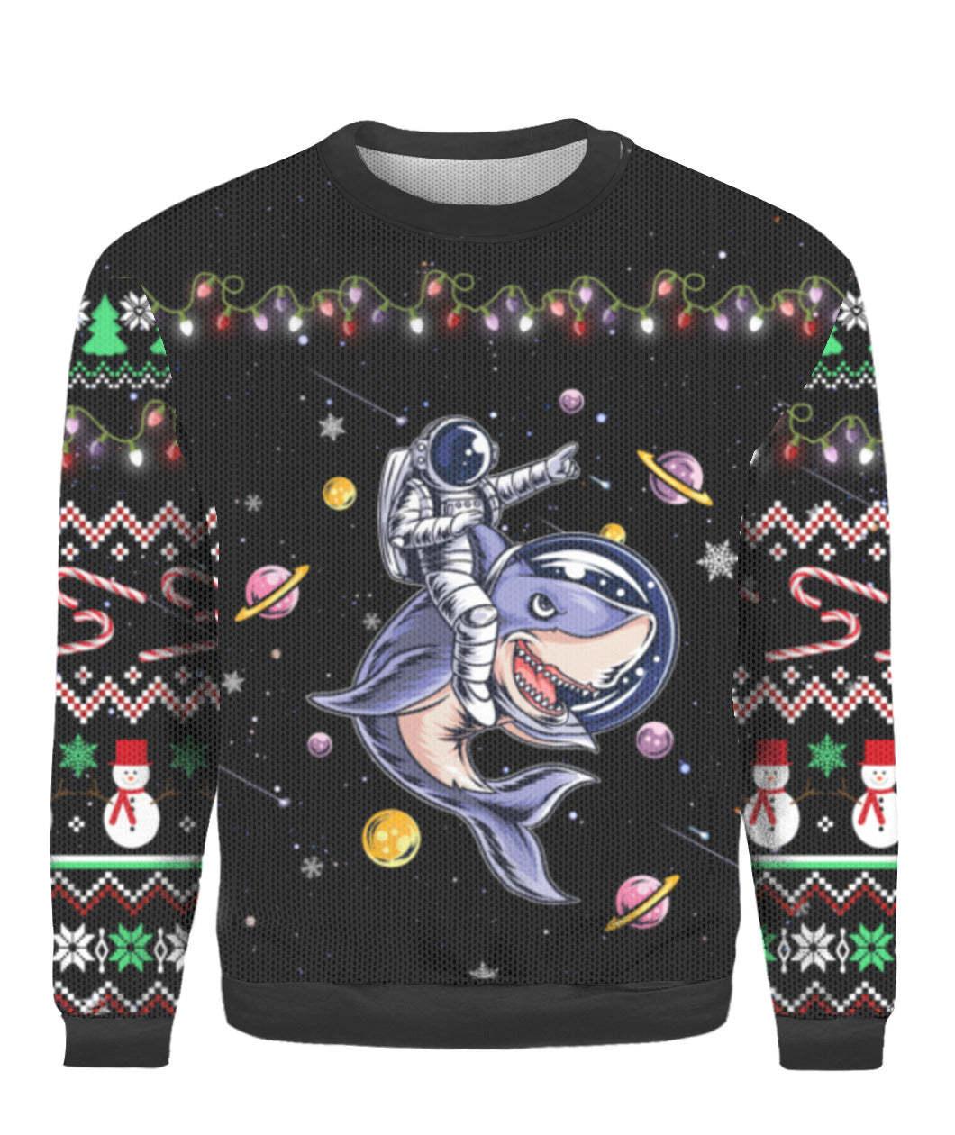 Xmas In Space Astronaut Ride A Shark Ugly Sweater - Santa Joker