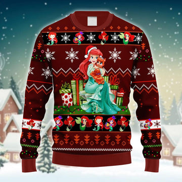 Xmas Little Ariel Mermaid Red Brown Ugly Sweater - Santa Joker