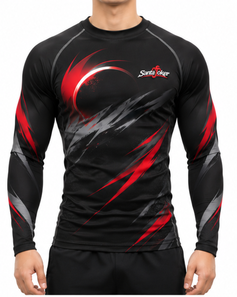 Matte Black men's compression rash guard, front view on model