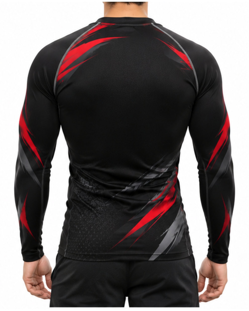 Matte Black men's compression rash guard, back view on model