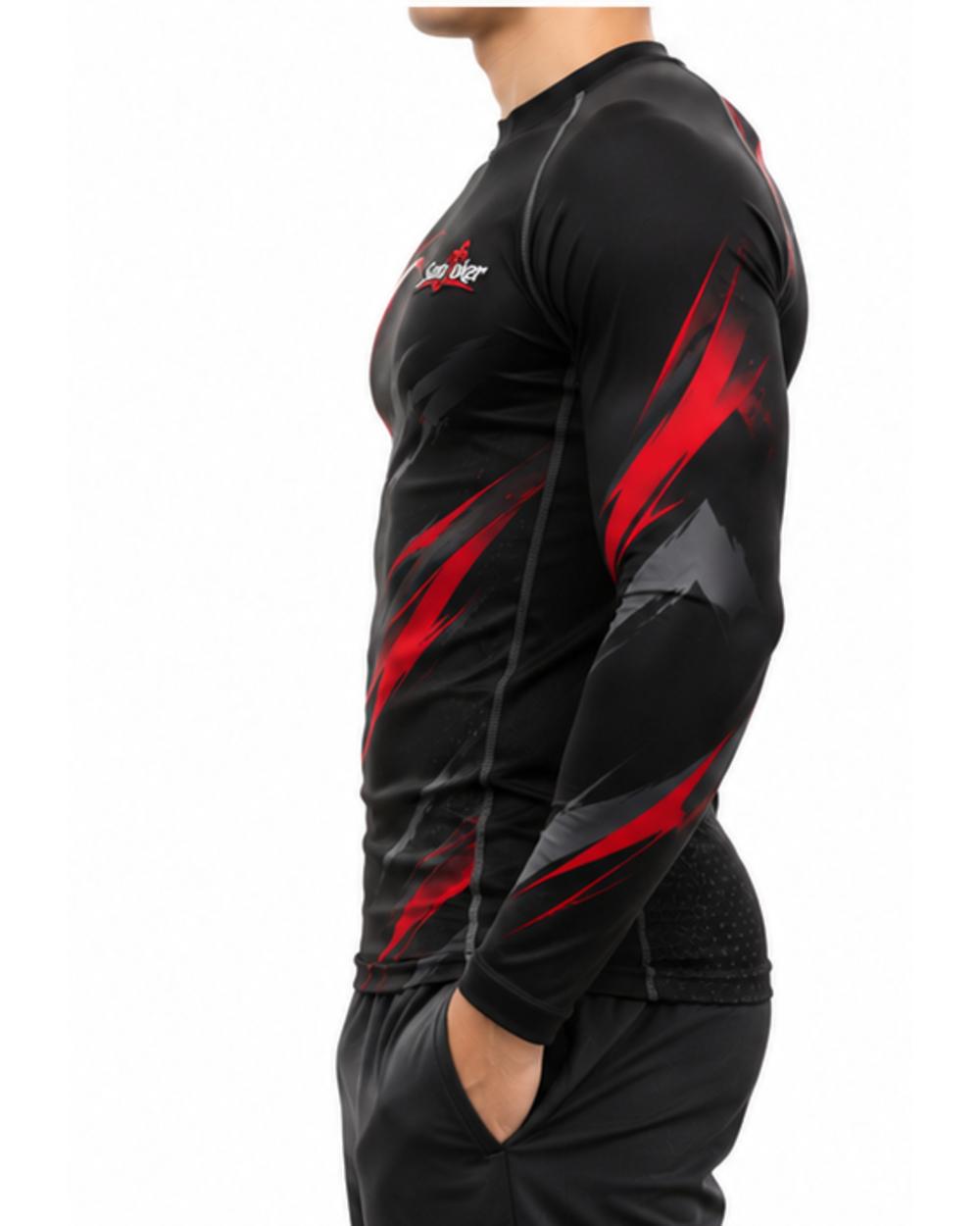 Matte Black men's compression rash guard, side view on model