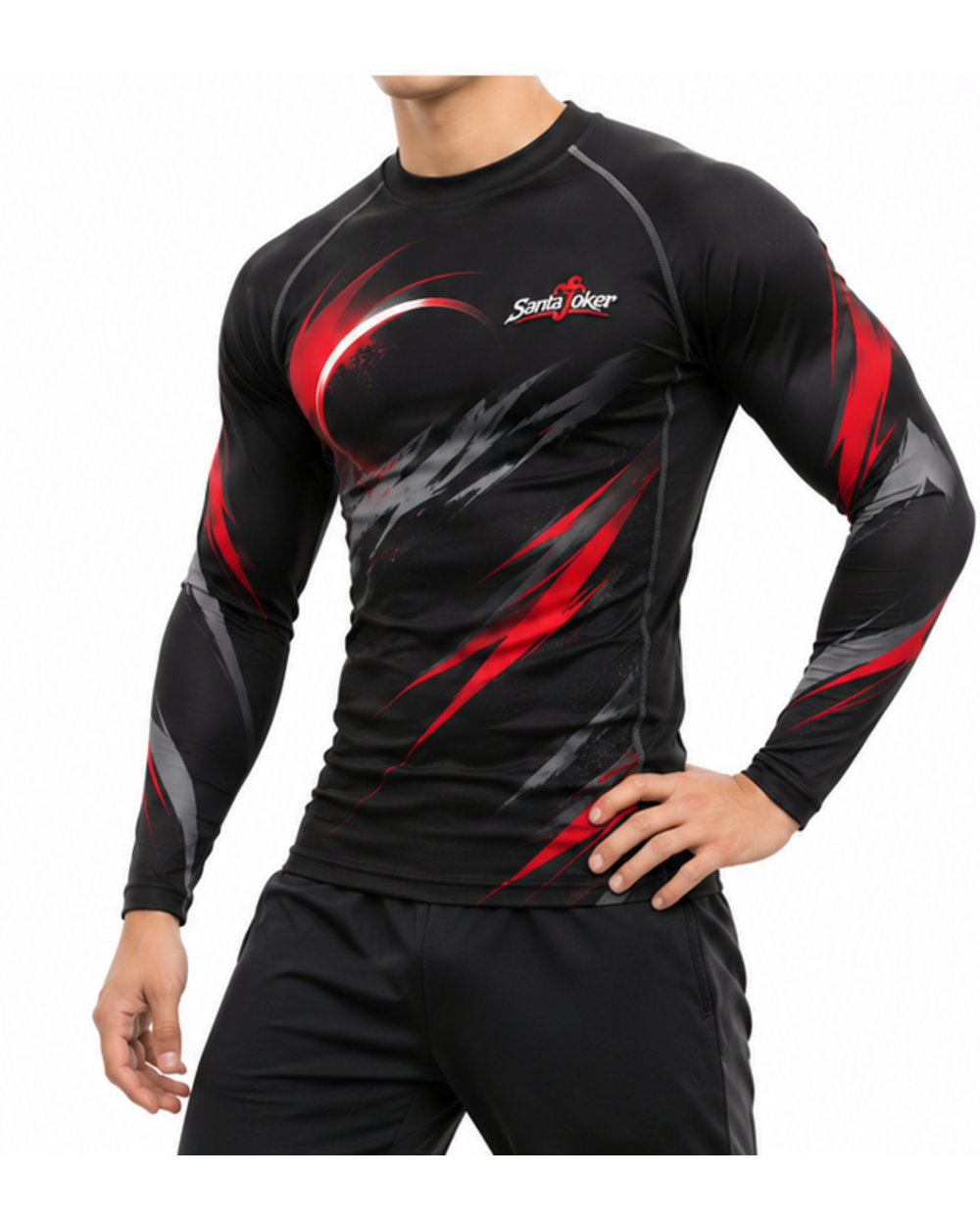 Matte Black men's compression rash guard, three-quarter view on model