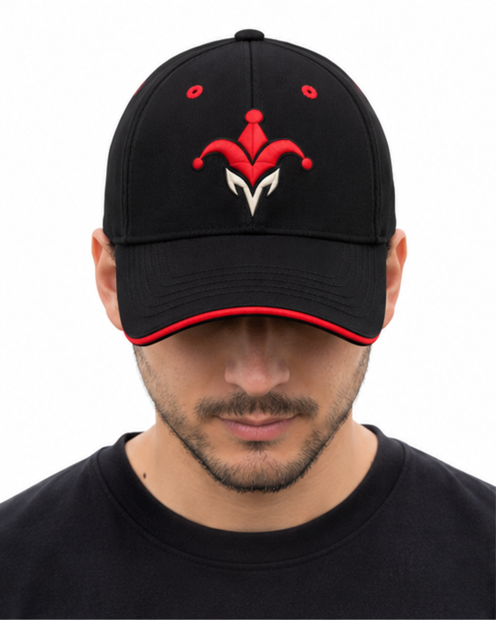 Matte Black unisex baseball cap, worn, front view
