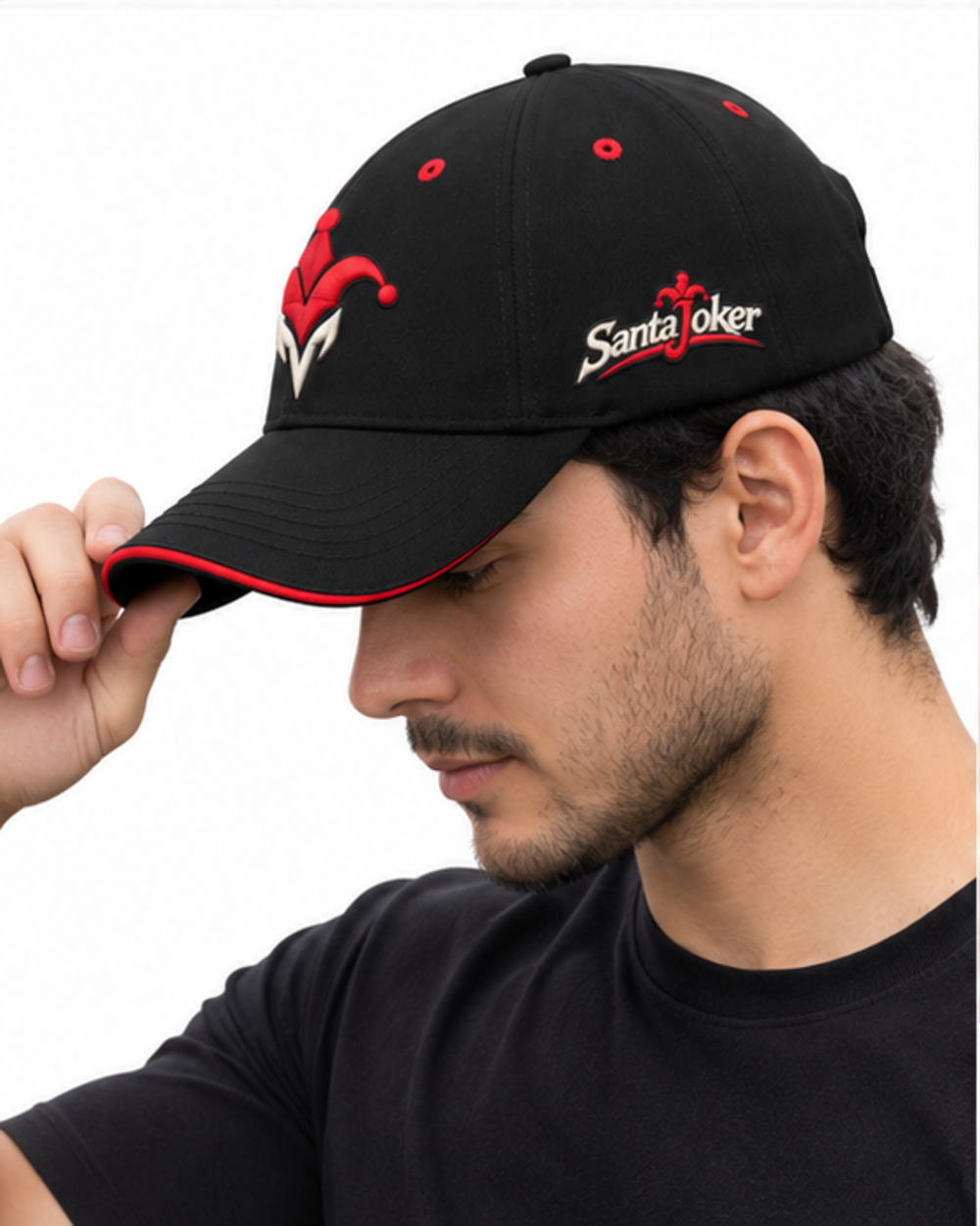 Matte Black unisex baseball cap, worn, side view