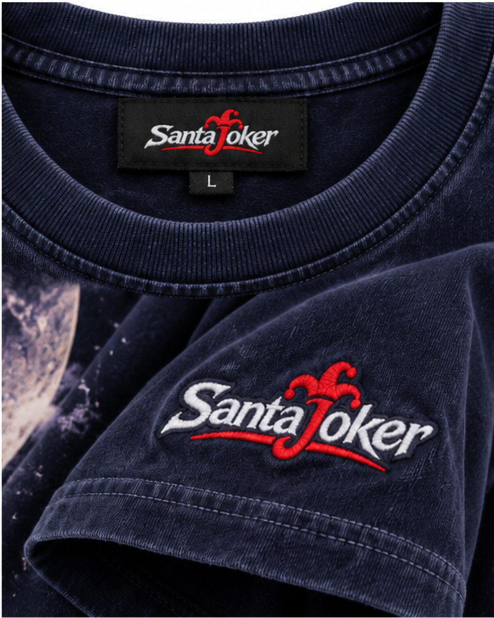 Deep Midnight Navy women's oversized graphic T-shirt, close-up of neck label and embroidered sleeve logo