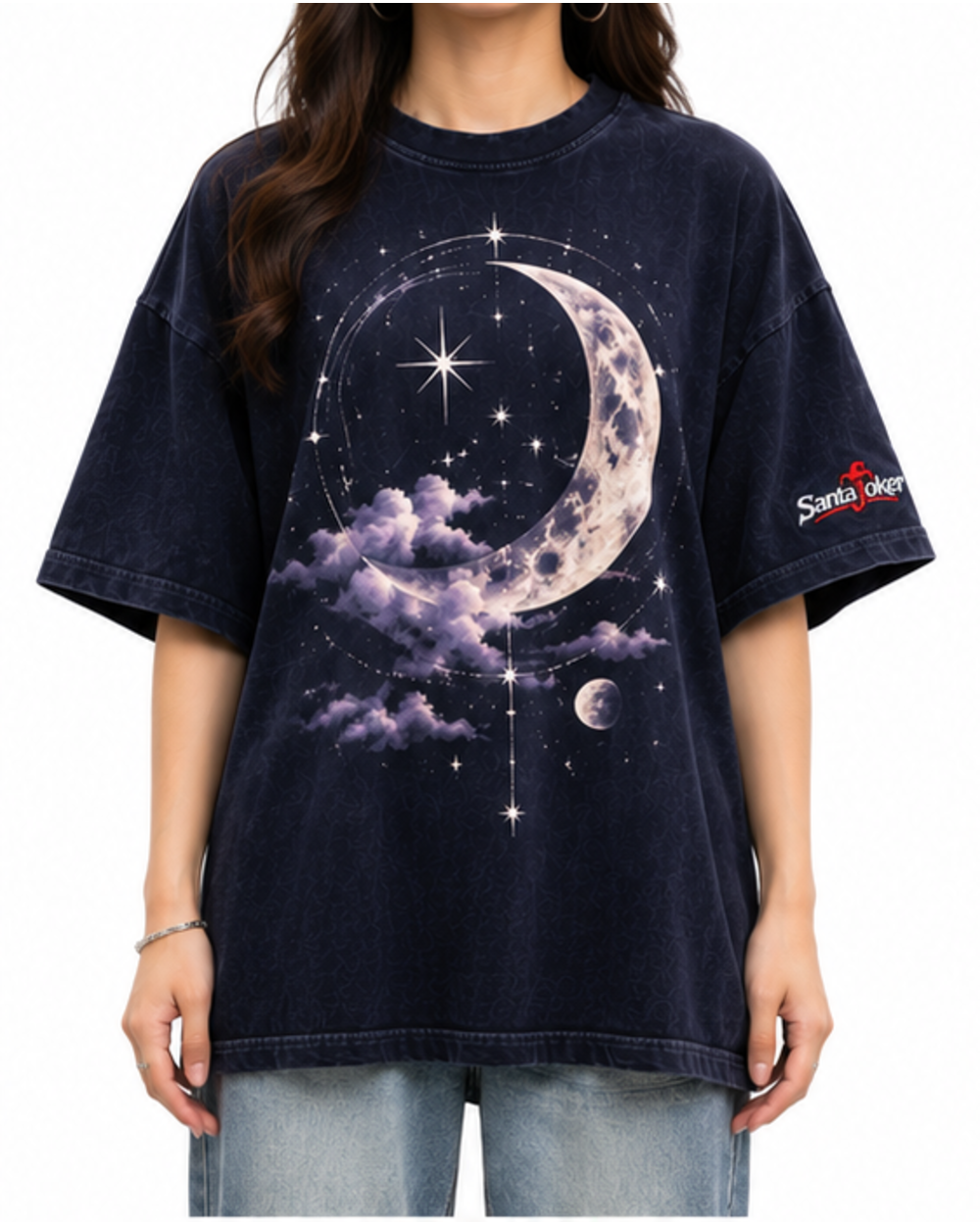 Deep Midnight Navy women's oversized graphic T-shirt, front view on model