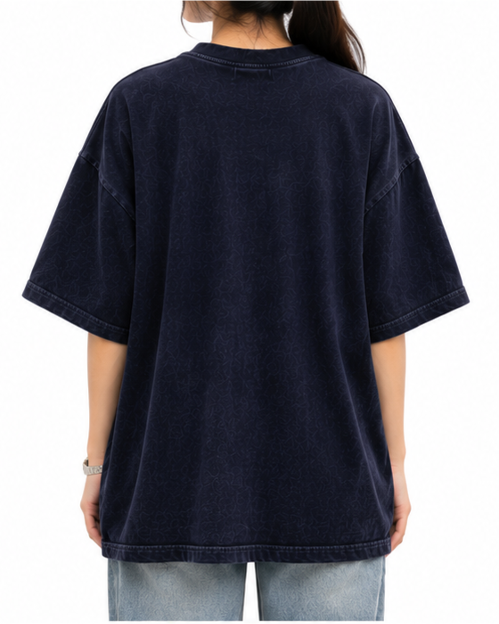 Deep Midnight Navy women's oversized graphic T-shirt, back view on model