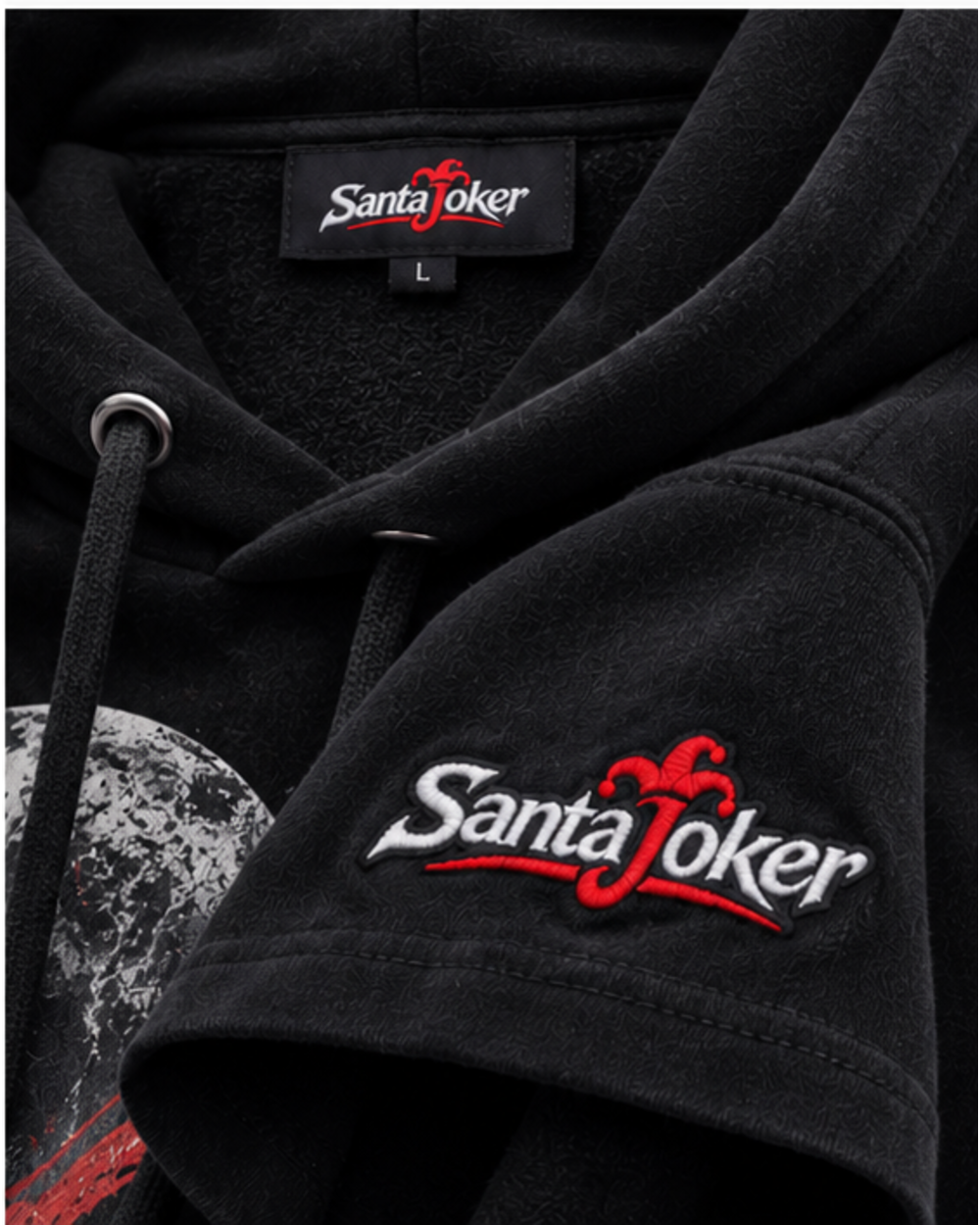 Jet Black men's pullover hoodie, close-up of drawcord eyelet, neck label and embroidered sleeve logo