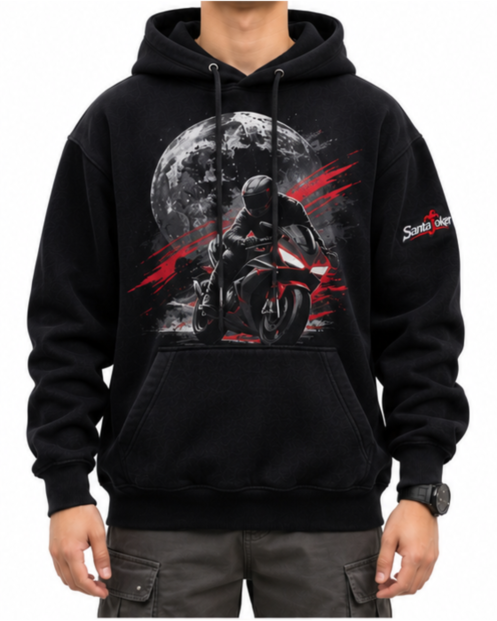 Jet Black men's pullover hoodie, front view on model