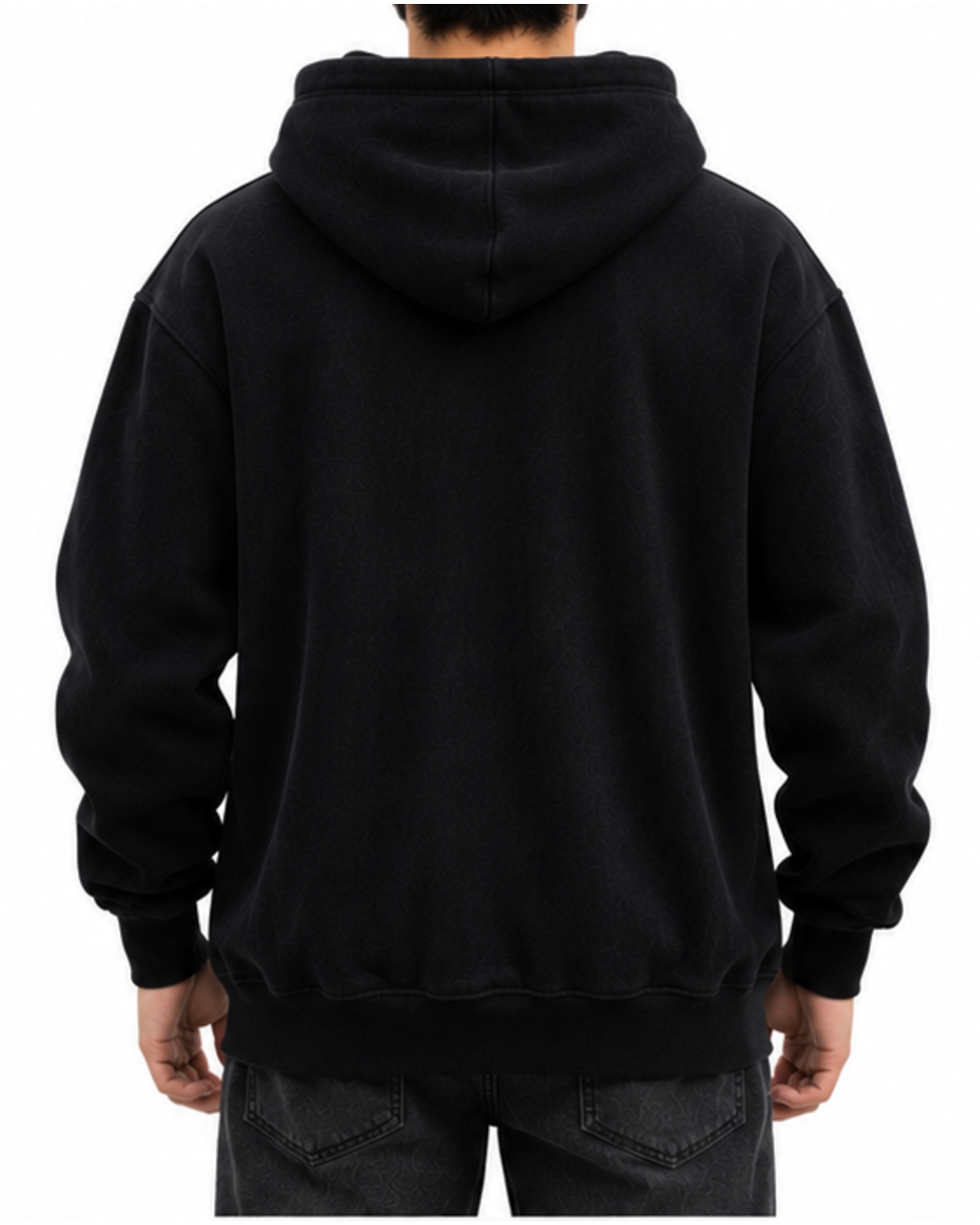 Jet Black men's pullover hoodie, back view on model