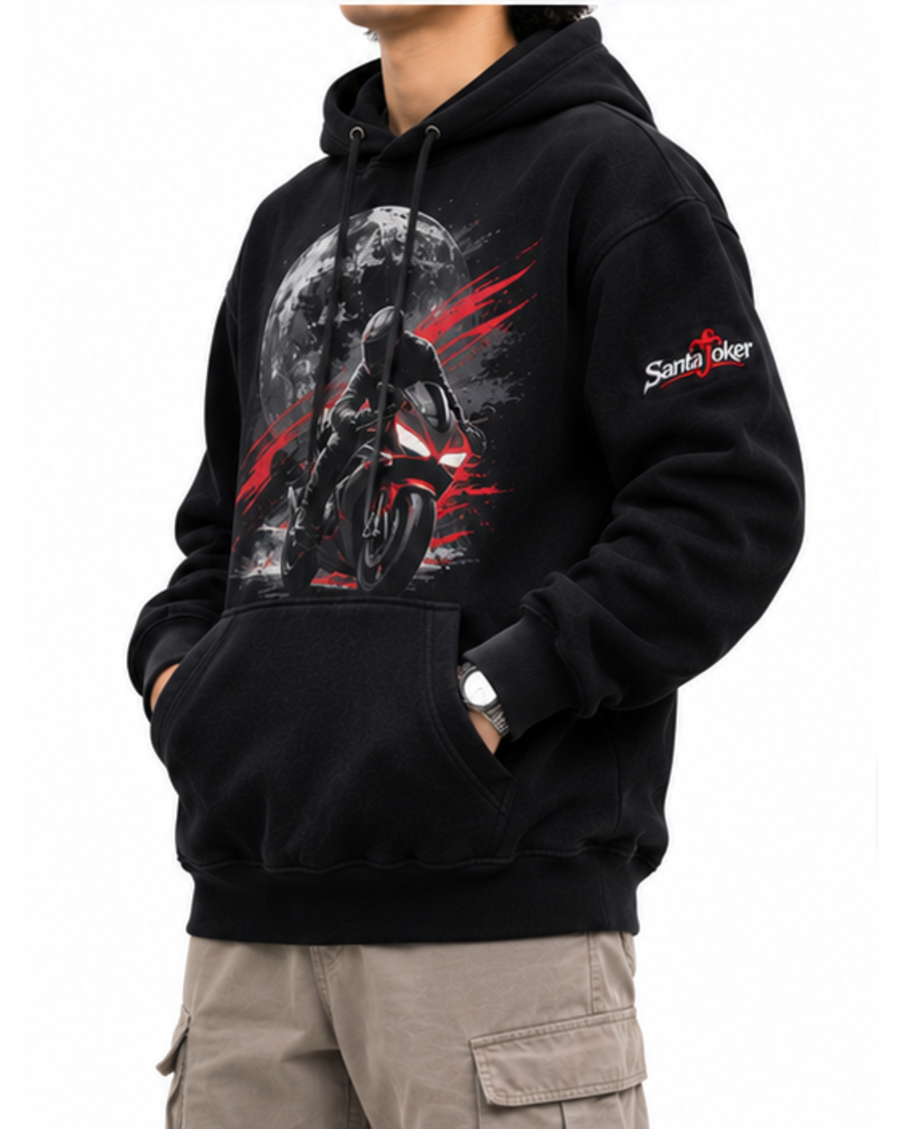 Jet Black men's pullover hoodie, side view on model