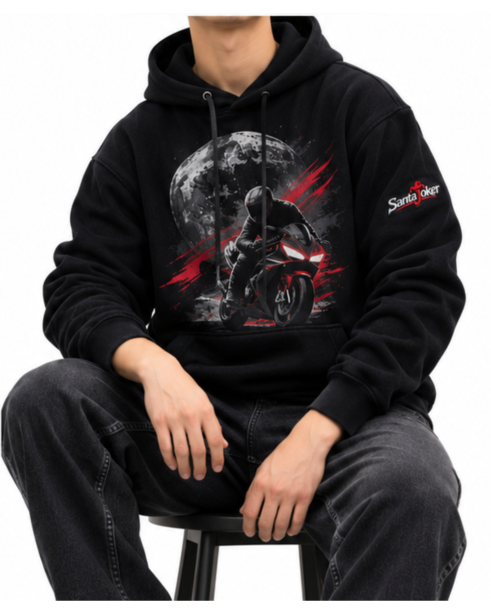 Jet Black men's pullover hoodie, seated on model